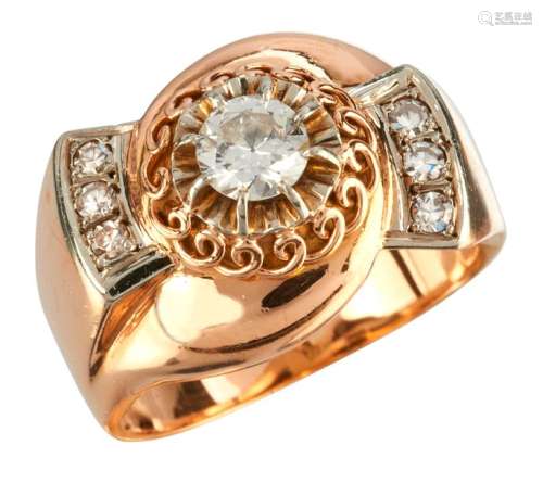 Yellow gold ring set with a european cut and 8/8 d...