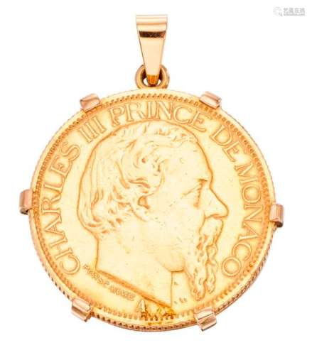 Yellow gold pendant holding a rare gold coin, Char...