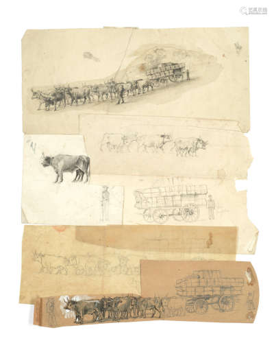 Five preparatory studies of cattle and cart 18 x 37cm (7 1/16 x 14 9/16in) and smaller. (5) unframed Edward Roper(British, 1830-1909)