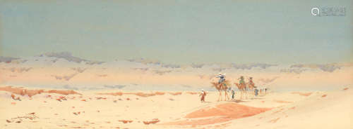 Bedouin caravan; On the bank of the Nile the first 22.5 x 60cm (8 7/8 x 23 5/8in); the second 23 x 61cm (9 1/16 x 24in). (2) Augustus Osborne Lamplough, A.R.A., R.W.S(British, 1877-1930)