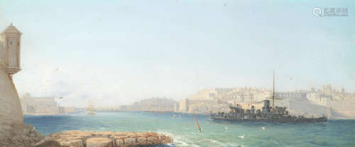 British warship in Valletta's Grand Harbour, Malta Circle of Girolamo Gianni(Italian, 1837-1895)