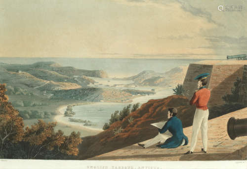 English Harbour, Antigua, from Great George Fort, Monks Hill aquatint printed in colour and finished by hand, published by T. & G. Underwood, London, 1827 plate size 25.5 x 39cm (10 1/16 x 15 3/8in). After James Johnson