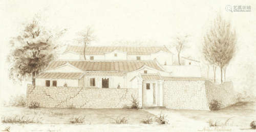 Joss House near Iwan, Hong Kong; Chinese Houses near Iwan, Hong Kong the first 10.5 x 15cm (4 1/8 x 5 7/8in); the second 8.5 x 15.5cm (3 3/8 x 6 1/8in). (2) Alexander Rattray(British, 1830-1906)