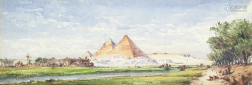 Pyramids at Giza; Temple ruins, Egypt one 11.5 x 35cm (4 1/2 x 13 3/4in), the other 12 x 34cm (4 3/4 x 13 3/8in). (2) Gabriel Carelli(Italian, 1821-1900)