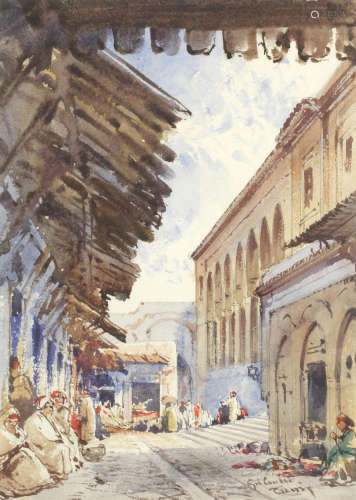 Sitting in the shade of a side street, Tunis; Courtyard scene the first 24 x 17cm (9 7/16 x 6 11/16in); the second 21.5 x 14cm (8 7/16 x 5 1/2in). (2) Gabriel Carelli(Italian, 1821-1900)