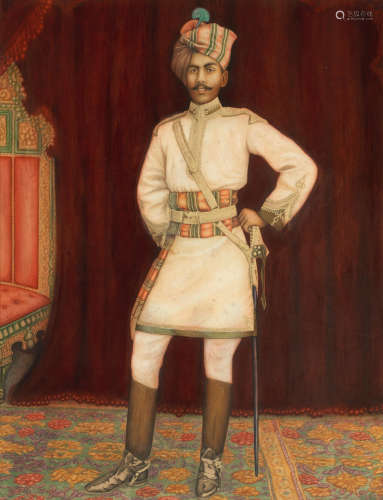 H.H. Ganga Singh, The Maharaja of Bikaner, standing full length in ceremonial military costume with hand on sword, in a studio setting with western-style carpet, red curtains and a throne, [c.1915] BIKANER