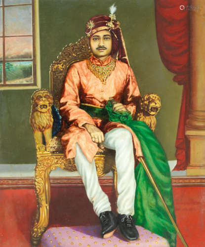 Large portrait of an unidentified princely ruler wearing a heavy necklace of gold, emeralds and rubies, seated on a gold throne with arms in the form of lions, his feet resting on a cushion, against a studio background with red curtain and a landscape viewed through a window, [first half of twentieth century] PRINCELY RULER