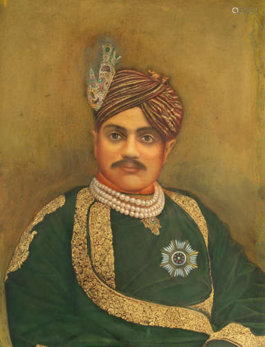 Raol Shri Sir Bhavsinhji II Takhtsinhji, Maharaja of Bhavnagar, half-length portrait wearing a necklace of three rows of pearls, [early twentieth century] GUJARAT - BHAVNAGAR