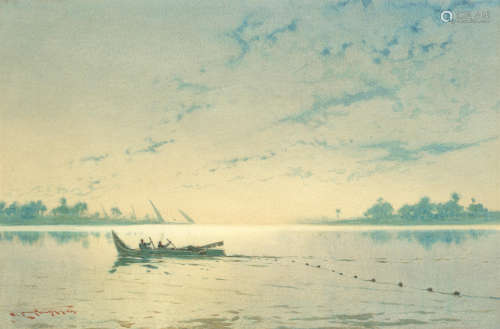 Rowing at dusk Augustus Osborne Lamplough, A.R.A., R.W.S(British, 1877-1930)