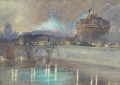 A view of Castel Sant'Angelo across the Tiber with St Peter's Basilica in the distance Yoshio Markino(Japanese, 1874-1956)