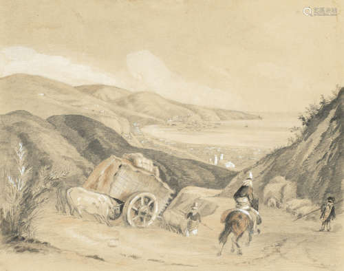 A wagon and a rider on the road to Valparaiso Circle of Ernest Charton(French, 1815-1877)