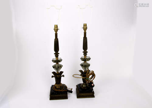 A pair of Neoclassical style table lamps, faceted glass and cast metal acanthus leaf decoration to