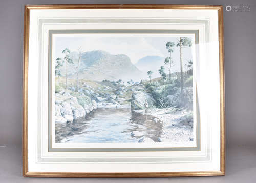 Roger McPhail (1953) limited edition print, 'River Landscape with Fisherman' signed in pencil 'R.