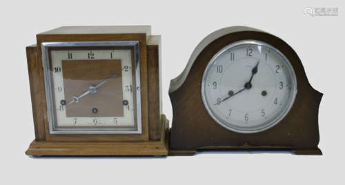 An Art Deco English mantle clock, stepped outline, square dial, Arabic numerals, three train