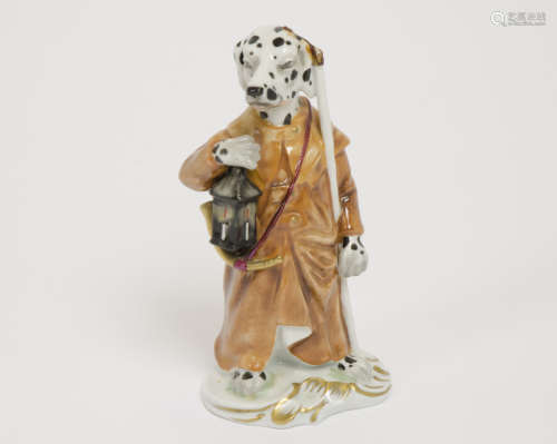 An Unterweissbach porcelain model of a dalmatian as a watchman, standing in greatcoat with
