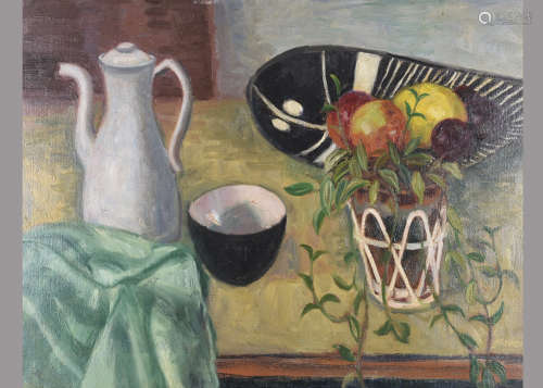 •Donald Moodie (1892-1963) oil on canvas, 'Still Life with Jug, Pot Plant and Fruit Bowl', signed '