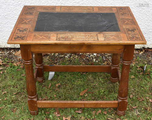 An inlaid 19th Century continental table with slate top, 90.5 cm wide x 63 cm deep x 74 cm high