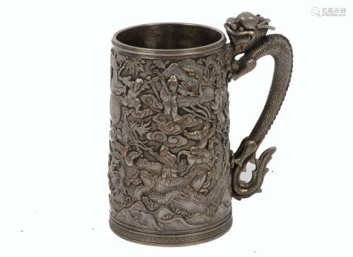 A late 19th Century Christofle silver plated tankard, chinoiserie decoration, dragon handle, 14 cm