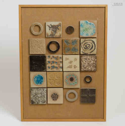 Eileen Richards stoneware pottery tiles, showing a variety of techniques, colours and shapes, framed