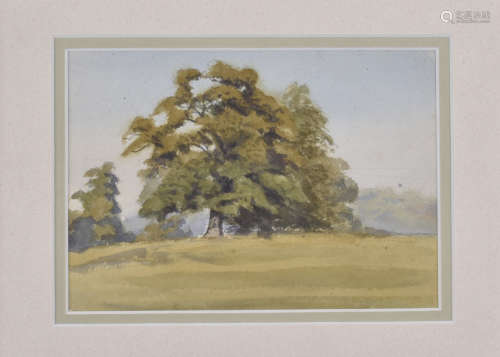 •John Cyril Harrison (1898-1985) pencil and watercolour on paper, 'Landscape with Oak Tree', 11.5 cm