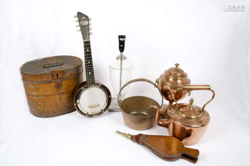 A miscellaneous collection, including a Down South banjolele, a pair of bellows, a Victorian metal