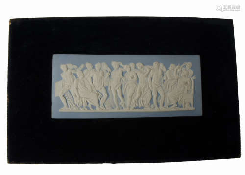 A 19th Century Jasperware style plaque, frieze scene of Classical figures, mounted on a velvet lined