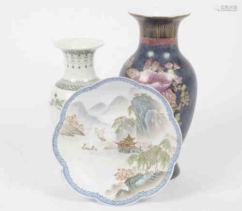 An early 20th Century Chinese porcelain crimped dish, enamel decoration of fishermen on a lake, blue