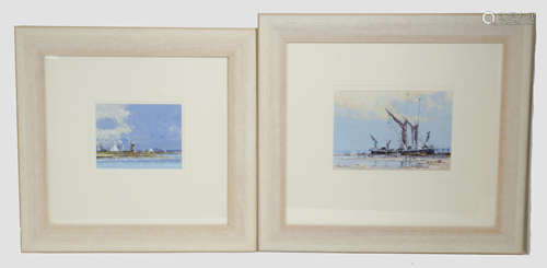 Roger King (20th Century) gouache on card, 'Coastal Scene with Fishing Vessels', signed (lower