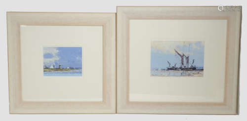 Roger King (20th Century) gouache on card, 'Coastal Scene with Fishing Vessels', signed (lower
