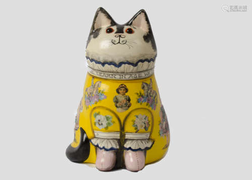 A Joan and David de Bethel of Rye Sussex pottery model of a cat, glass eyes, 1998, pattern 6077,