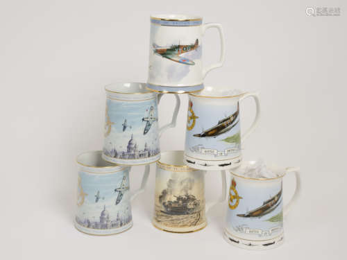 A set of six porcelain tankards decorated with military themes, including five commemorating the