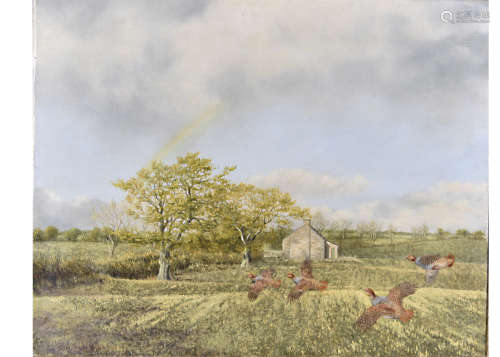 •Geoffrey Campbell Black (20th Century) oil on canvas, 'Game Birds Flying over a Field', signed '