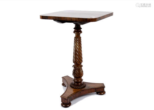 A William IV rosewood tilt-top occasional table, square top, turned and tulip carved column, triform