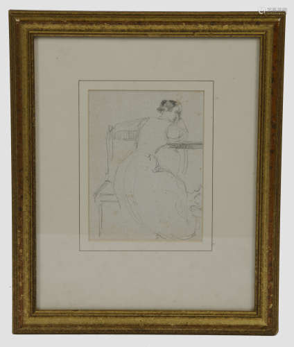 19th Century English School pencil on paper, 'Study of a Woman at a Table', 13 cm x 9.7 cm, framed