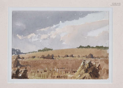 •John Cyril Harrison (1898-1985) pencil and watercolour on paper, 'Stubble Field at Chollerford',