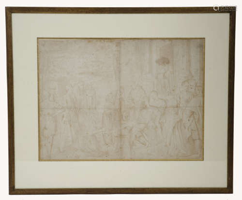 17th Century Italian School chalk and wash on paper, 'Priest Attending to a Leg Wound', 42.5 cm x 58