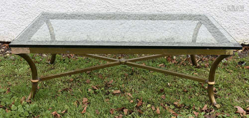 A modern brass and glass rectangular coffee table, cross stretcher, heavy glass top, 120 cm x 80 cm