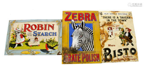 Three enamel advertising signs, promoting Zebra grate polish, Bisto gravy and Robin starch, all