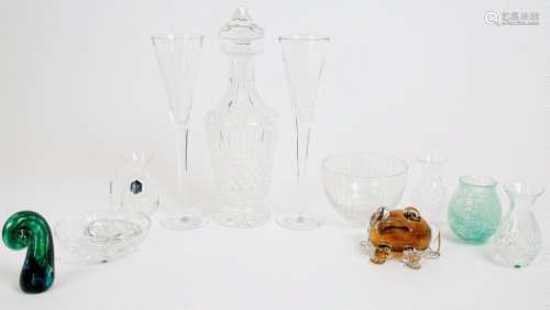 A selection of 20th century glassware, including a Waterford Crystal decanter and pair of flutes,