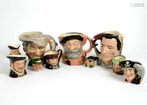 A collection of character jugs, mostly Royal Doulton and featuring 'The Poacher', 'Falstaff' and '