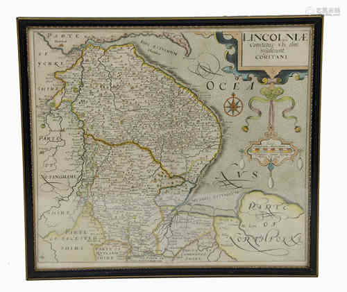 William Kip (act. 1598-1610) later hand coloured map of Lincolnshire, 'Lincolniae Comitatus Ubi Olim