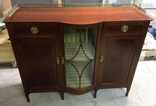 An Edwardian mahogany and inlaid breakfront side cabinet, astral glazed central cabinet flanked by