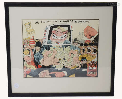 A modern pen, ink and wash cartoon depicting Donald Trump clutching money, with his head inside a
