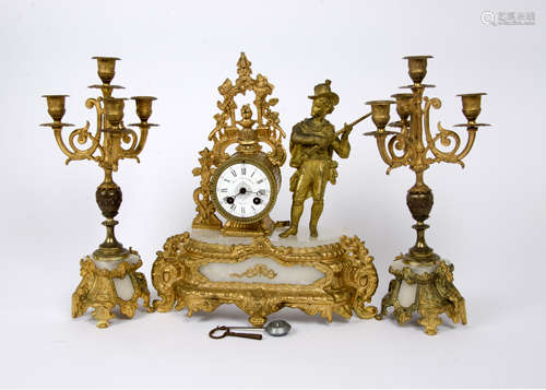 A mid 20th Century French cast metal and alabaster clock garniture, eight day movement, circular