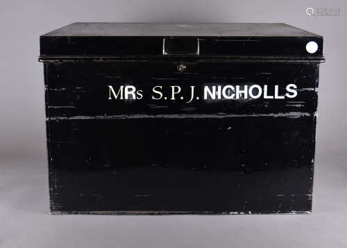 Two toleware document boxes, one with fall down lid, 56 cm wide, the other with hinged lid, 63 cm