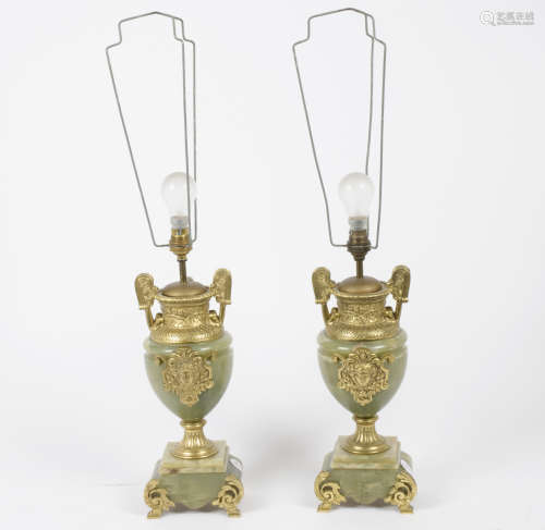 A pair of alabaster and gilt metal table lamps, twin-handled urn form, 68 cm (2)