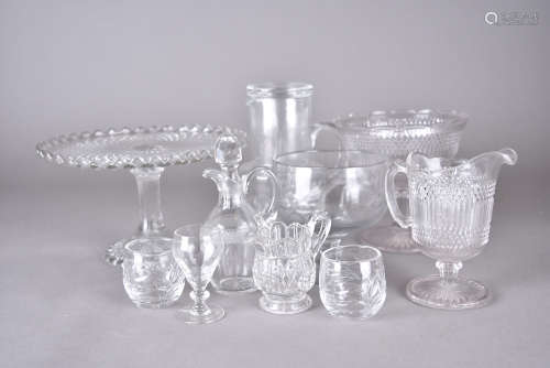 A collection of 19th Century and later colourless moulded and cut glass including a footed cake