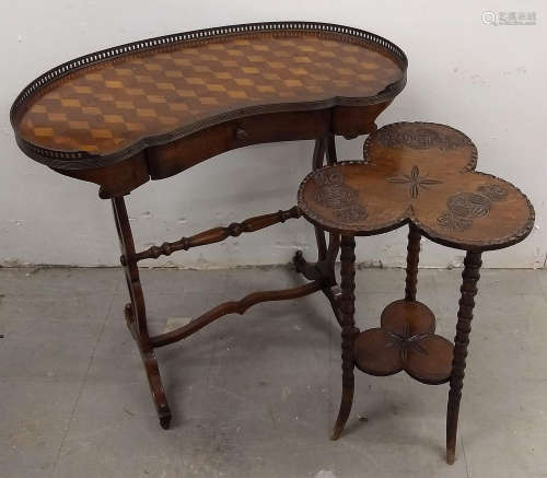 A 19th Century kidney shaped parquetry topped table, brass gallery, single drawer turned supports,