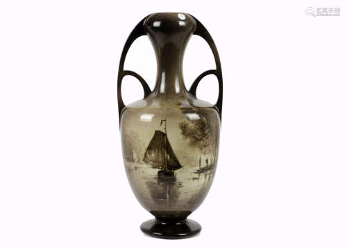An early 20th Century Société Céramique Maastricht Art Nouveau large twin handled vase, decorated