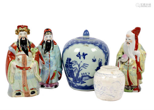 A set of 20th Century Chinese porcelain figures of the Sanxing, comprising Fu, Lu and Shou holding